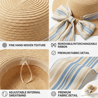 Topi Jerami Premium Bertepi Lebar dengan Pita Besar Bergaris, Model Floppy untuk Pesta, Pantai, Liburan Musim Panas, Topi Bunga Elegan