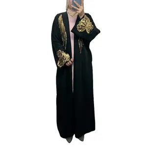Cardigã de renda bordado luxuoso com zíper para mulheres, vestido longo muçulmano conservador, kleid étnico árabe do Oriente Médio Dubai