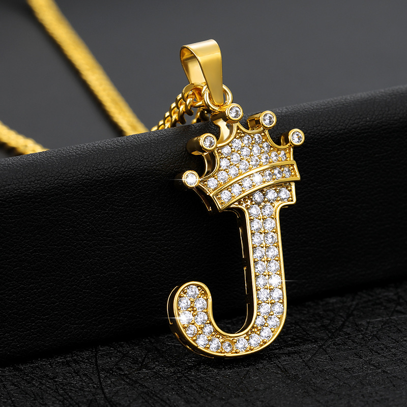 Stylish Golden Crown Necklace - 26 Letters Zircon Pendant