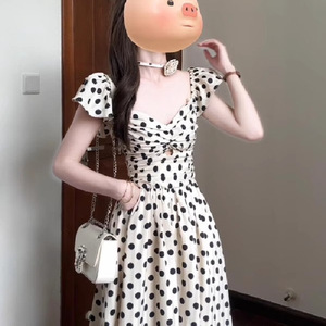 White Polka Dot Dress With Floral <b>Print</b> Halter Neckline Party Casual Style <b>Mini</b> Skirt Polyester Fabric - Product Image 1