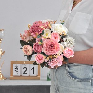 ช่อดอกกุหลาบประดิษฐ์ กลีบดอกฝ้าย สีขาวชมพู ตกแต่งบ้านงานแต่งงาน - Product Image 1