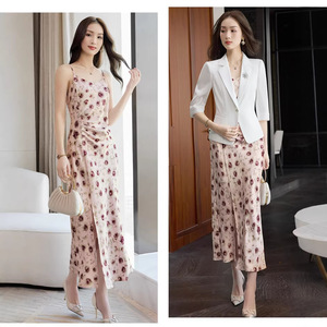 Mint Mambo V Neck Sundress Floral Print Acetate Satin Dress Elegant Leisure Wear Women's Casual Dress - Product Image 1