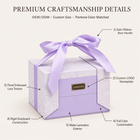 Boîte cadeau rigide de luxe haut de gamme violette gaufrée avec poignée en ruban de satin, matériaux recyclés, personnalisable pour mariage et cosmétiques