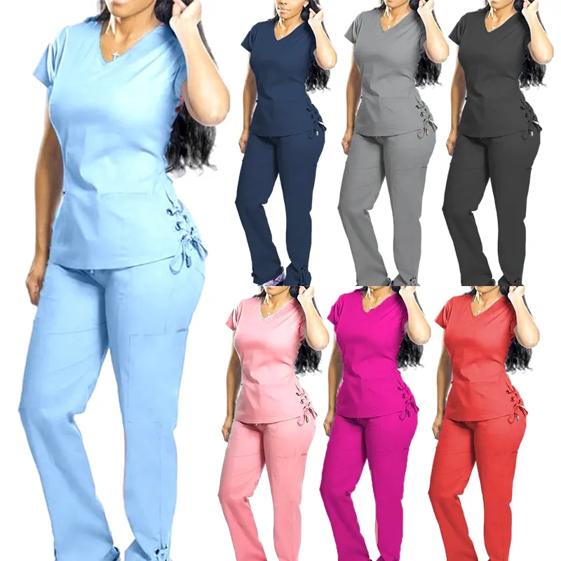 Stretch Slim Fit Decke Blau Seitens chlitz Frauen Plus Size Krankenhaus uniformen Medical Scrubs Kleid Sets Sexy Für Frau