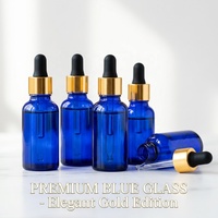 Bouteilles d'huile essentielle en verre ambré cylindriques bleues brillantes avec bouchon à vis en aluminium doré et compte-gouttes, sérum de haute qualité 10ml 30ml 50ml 100ml