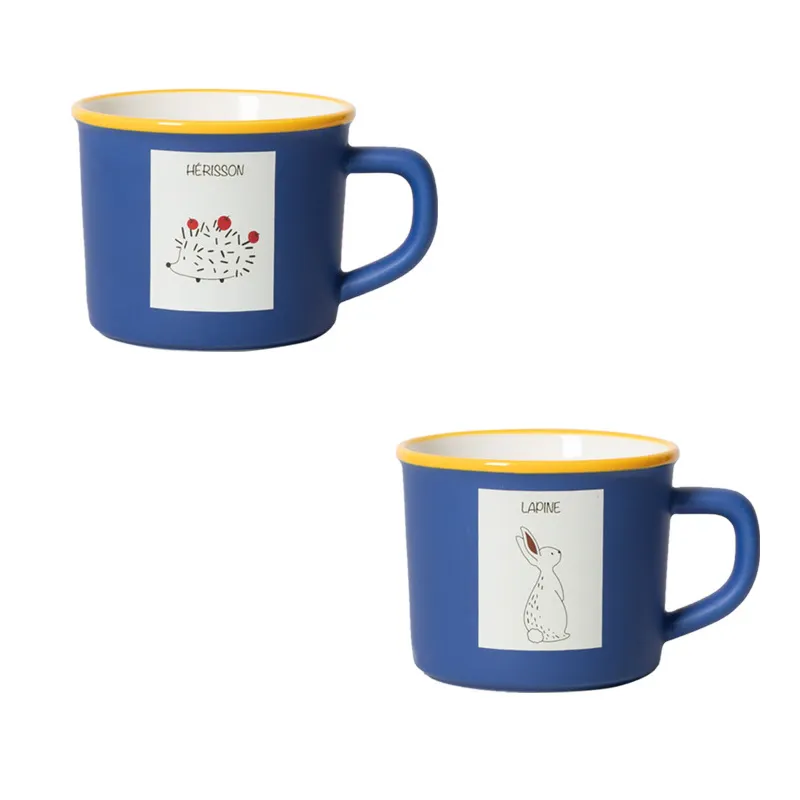 Taza de café de cerámica Patrón de animales de dibujos animados Taza de leche Caja de regalo Set Matt Porcelana Klein Tazas azules Caja de regalo