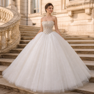 LY124 Superbe Robe de Bal Longue pour Femme, Style Empire Moderne, Bustier, avec Appliques Florales et Cristallines, en Dentelle, pour Mariage - Product Image 1