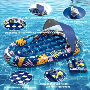 เก้าอี้ลอยน้ำสำหรับสระว่ายน้ำพร้อมหลังคา ที่วางแก้ว หมอน ปรับระดับได้ และม่านบังแดดแบบถอดได้ ทำจาก PVC แบบเป่าลม - Product Image 3