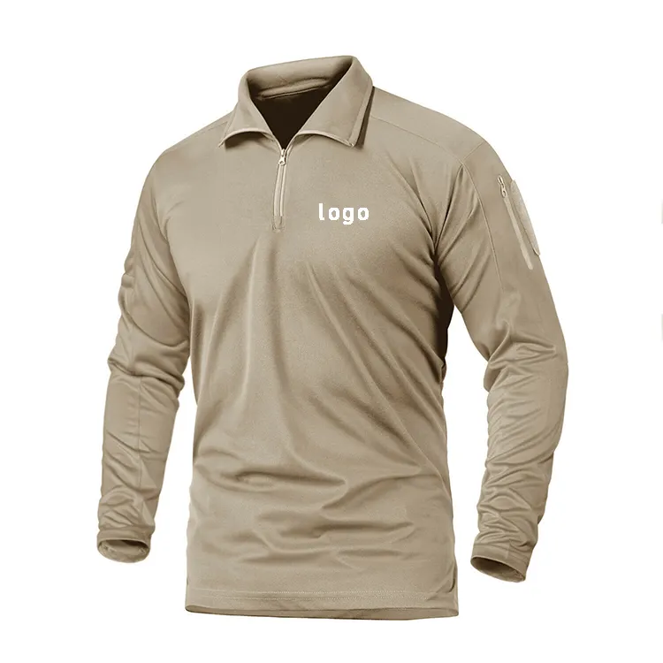 Fabrika toptan 1/4 Zip yaka erkek taktik uzun kollu Polo gömlekler özel Logo erkek Polo Polyester gömlek