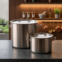 RVS kookpot van horeca-kwaliteit met deksel, dubbele handgrepen, voedselveilig en duurzaam voor commercieel en huishoudelijk gebruik.