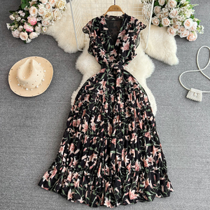 Manufaktur Custom Style oder Logo ODM Elegant Lady A-Linie Kleid Frauen Flying Sleeve Large Swing Printed Chiffon Long Kleider - Product Image 4