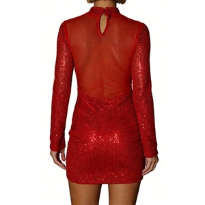 Robe mini corset en maille à paillettes pour femme, col haut, manches longues, robe moulante de soirée, tendance - Product Image 5