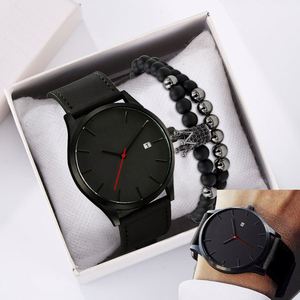 OEM ODM Hot Sale 2Pcs <b>Men's</b> Fashion <b>Watch</b> Leather Quartz <b>Watch</b> With a <b>Bracelet</b> Set - Product Image 6