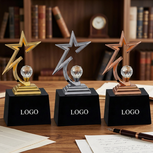 Star <b>Trophy</b> with Crystal Ball and Wooden Base Plated Metal Portable Gold Silver Rose Gold Laser Engraved UV Printing Model 634 - Product Image 1