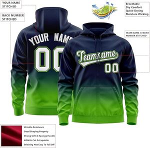 Sudadera con capucha y cremallera degradada con logo personalizado, estampado completo, ropa deportiva para hombre, equipo universitario de otoño, reflectante, con números y parches. - Product Image 3
