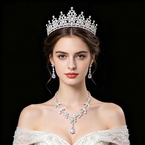 Ensemble de bijoux de mariée en cristal 3 pièces/ensemble : diadèmes et couronnes, boucles d'oreilles, collier pour femmes, accessoires de cheveux de mariage en strass, couronne - Product Image 2