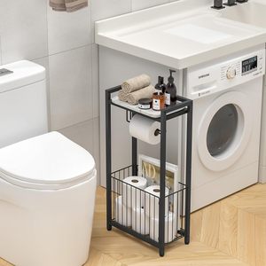 Porte-papier toilette autoportant tout-en-un avec étagère de rangement, support pour papier toilette de salle de bain avec espace pour téléphone, tablette et magazines - Product Image 4