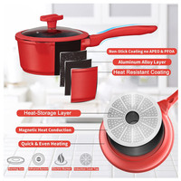 Ensemble de cuisine classique en granit rouge antiadhésif de 16 pièces, casseroles et poêles en aluminium moulé sous pression écologiques, couvercles en verre à induction