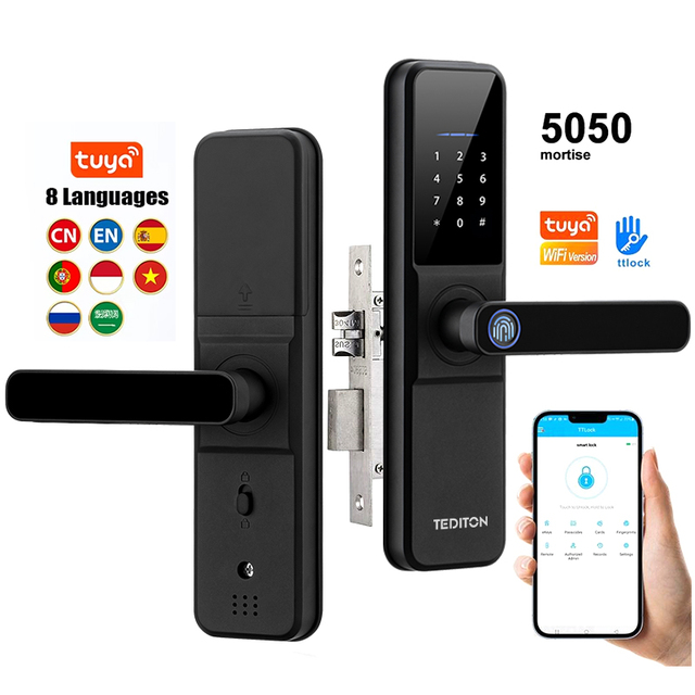 Multiple Languages Tt Tuya Wifi Wireless Lock Mortise Lever Digital Password Deadbolt Fingerprint Smart Door Locks