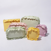 Trousse de Toilette Monogramme à Expédition Rapide Keymay, en Polyester Doux, Motif Gingham Bleu Rose Sauge, Pochette Cadeau à Volants, Sac de Maquillage à Carreaux