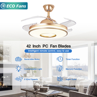 Ventilateur de plafond moderne de luxe rétractable à 4 pales de 42 pouces pour chambre à coucher avec télécommande intelligente et lumière LED 3000-6500K