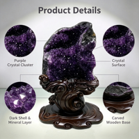 Kristal Amethyst Bunga Geode Alami Uruguay LARISSA, Spesimen Kristal Ukiran Tangan Desain Awan, Ujung Kristal Berkilau, Batu Mentah