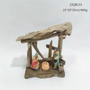 Nativité en bois ensemble Figurine religieuse artisanat Statues chrétiennes avec tissu pour cadeaux de noël