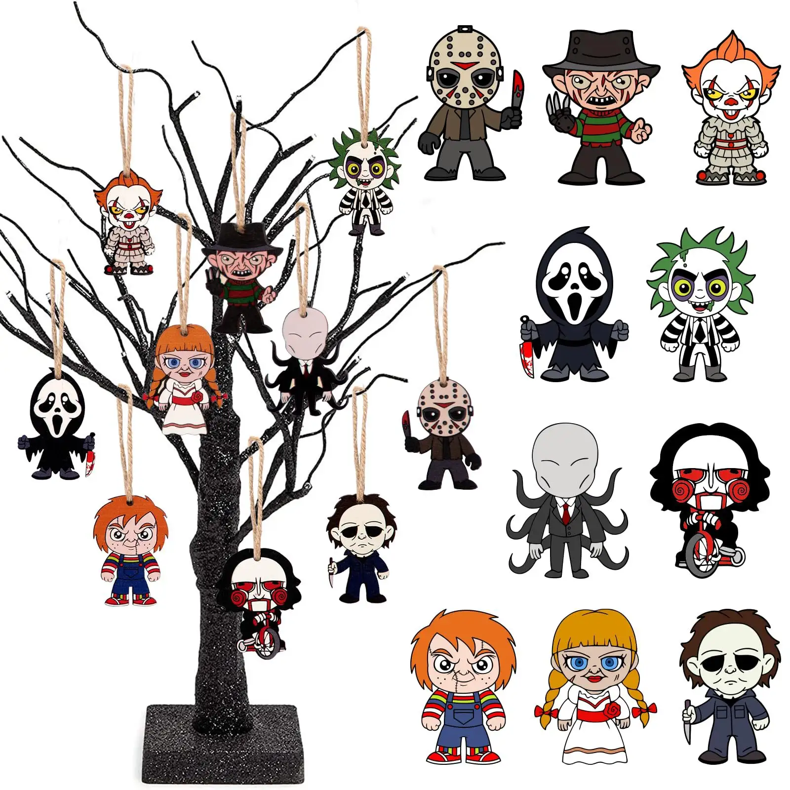 WOWEI Mini fantasma Halloween adornos colgantes de madera película de terror adornos para Halloween/árboles de Navidad