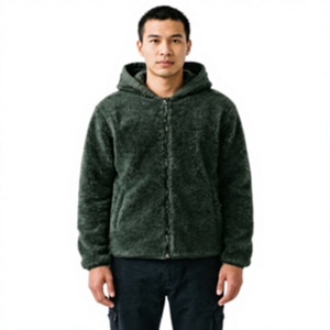 Men's Dark Green Fleece <b>Hooded</b> Jacket Zipper Closure Thick Warm Casual <b>Winter</b> <b>Coat</b> Regular Fit Solid Color Polyester Material - Product Image 1