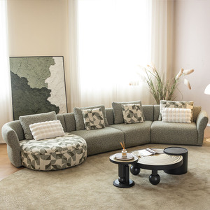 Set di Divani Componibili Curvi di Lusso in Bouclé con Cuscini Stampati e Imbottitura in Spugna per Appartamenti, Hotel, Ville e Salotti - Product Image 1