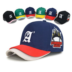 Casquettes de baseball 5 panneaux personnalisées en sergé vieilli à double visière, broderie 3D en relief, visière double couche incurvée, fermeture snapback sport 100% - Product Image 6