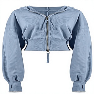 Sudadera con capucha corta de tejido grueso lisa para mujer, con logotipo personalizado, estilo Techwear, manga tipo bispo y cremallera bidireccional. - Product Image 1