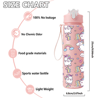 Bouteille d'eau en PC de 750 ml avec paille, motif licorne de dessin animé, réutilisable, anti-fuite, avec paille rabattable, légère, portable, idéale pour la rentrée scolaire, sûre