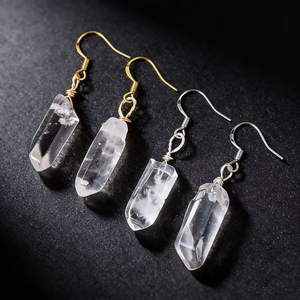 Pendientes Minimalistas de Acero Inoxidable con Gancho para la Oreja, Columna de Cuarzo Natural en Bruto, Chapados en Oro de 18K, Joyería al por Mayor - Product Image 1