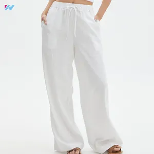 Oem Custom Casual Ladies Wide Leg Beach White Trousers Cotton Linen Pants For Women