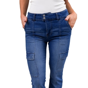 Pantalones de trabajo de mezclilla elásticos para mujer con doble botón en la cintura, múltiples bolsillos y bolsillos laterales con parche, a la moda - Product Image 5
