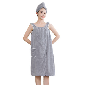 Peignoir en polaire corail, robe de chambre, couleur unie, doux, absorbant, épaissi, pour usage domestique, ensemble 2 pièces - Product Image 3