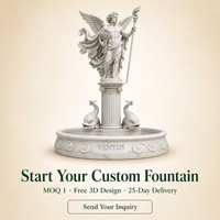 Fontaine de luxe en marbre Ventus avec statue, cape ailée, épis de blé, bâton tourbillonnant, fonction aquatique, éclairage RGB/Laser dauphin, IP68