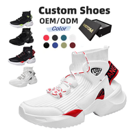 Chaussures personnalisées OEM-ODM pour hommes, baskets montantes en maille Flyknit, blanc avec accents rouges, coloris contrastés, plateforme, semelle épaisse antidérapante