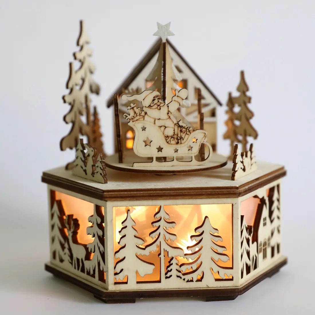 Wooden Christmas music box xmas led table decoration with xmas scene design in tradition style for home ornaments festival gifts