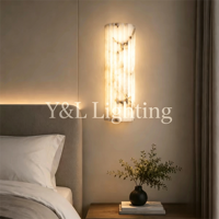 Lampu Dinding Alabaster Alami Beralur Vertikal, Lampu Dinding Besi Persegi Panjang untuk Dekorasi Dinding Latar Belakang Kamar Tidur Hotel Villa