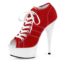 Passerelle 15cm mode talons fins plate-forme pompes Peep Toe Denim bande pôle danse grande taille femmes à lacets Sexy fétiche danseuse exotique