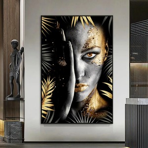 Affiche murale Art déco moderne : Portrait de <span class=keywords><strong>femme</strong></span> africaine maquillée en noir et or sur toile, décoration pour salon et maison - Product Image 2
