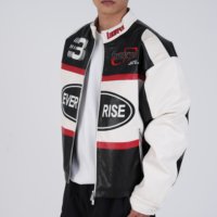 Veste de moto pour homme de haute qualité, personnalisable, noire et blanche, brodée en 3D, en PU, hiver, hip-hop, col mandarin
