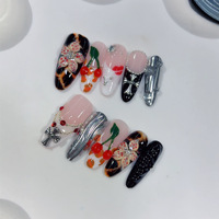 Ovale nagels met zwarte Franse tip 10 stuks handgemaakte opzetnagels lange luipaardset met hartjes ovale nagels zwarte Franse tip