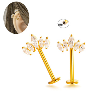 WT F136 Titanio 16G Labret Stud con Corona de Circonita Marquise, Pendiente para Cartílago con Rosca Interna y Parte Trasera Plana, para <span class=keywords><strong>Piercing</strong></span> Helix, Tragus, Conch - Product Image 1