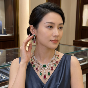 Brass CZ Emerald <b>Ruby</b> Bridal <b>Necklace</b> and Earring Set Classic Style Rhodium Plated Wedding Gift Jewelry for Women & Children - Product Image 2