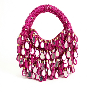 Bolso de Mano Rosa con Cuentas en Forma de Media Luna y Detalles de Espejo, Estilo Bohemio, con Asa Superior, para Mujer, para Fiestas y Bodas - Product Image 1