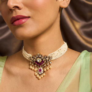 Kundan Style 173035 Short Choker <b>Necklace</b> Gold Plated Zinc Alloy Flower Beads Diamond Pearl Trendy Women's Religious Wedding - Product Image 2