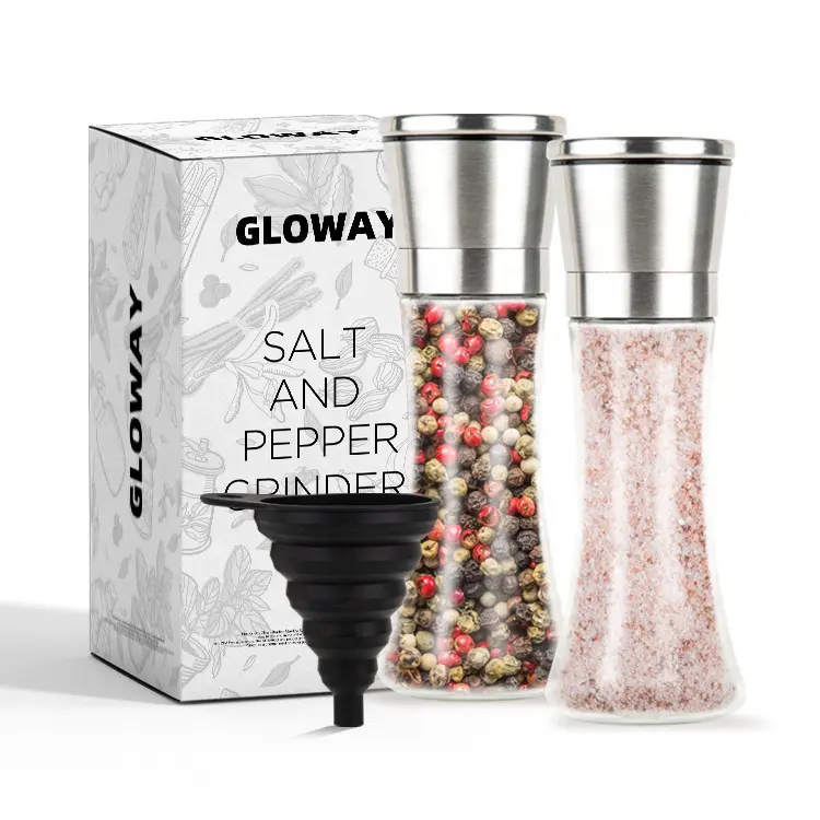 Gloway Kitchen Gadget Recarregáveis Aço Inoxidável Vidro Sal Spice Shaker Ajustable Grosseiro Moinho Sal E Pimenta Grinder W/Funil